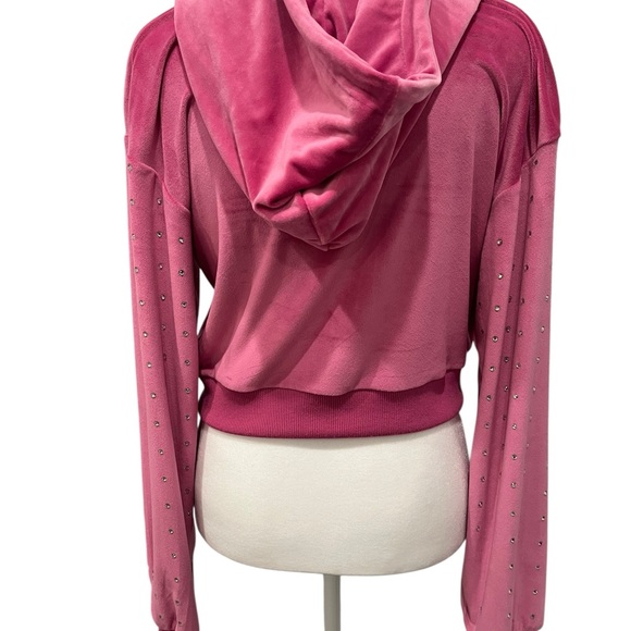 Pink Velour Crystal Studded Zip-Up Hoodie Size Small - Picture 3 of 6